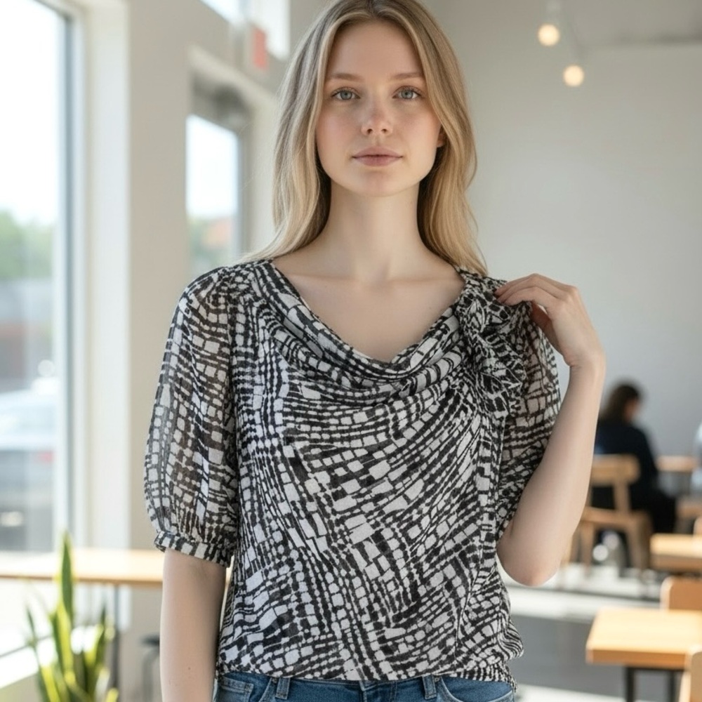 Worthington Cowl Neck Blouse Ruffle Detail Elbow Sleeve Semi-Sheer